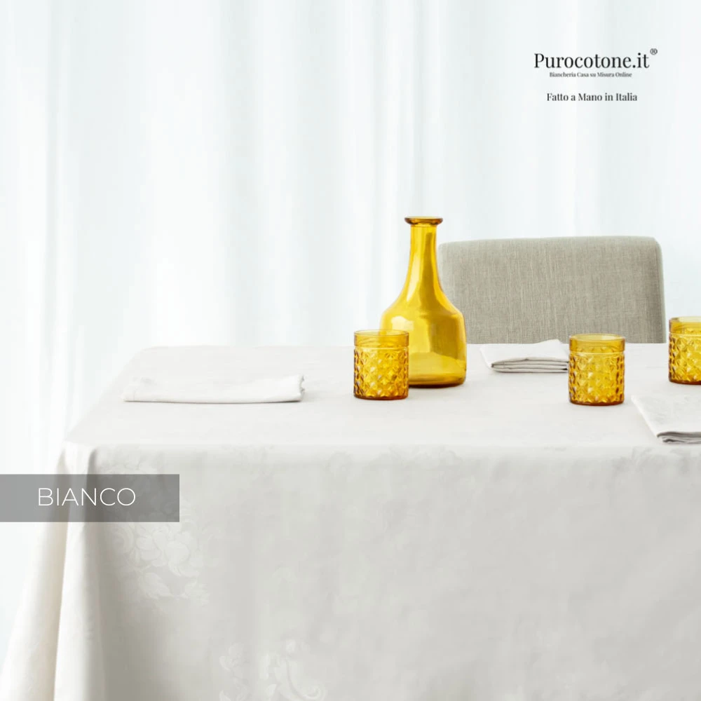 Tovaglia Rettangolare In Puro Cotone Damascato Bianco - Qualità Ristorante/Hotel 210 Gr/m2 - Made In Germany - Larghezza 130 Cm Venduta Al Metro